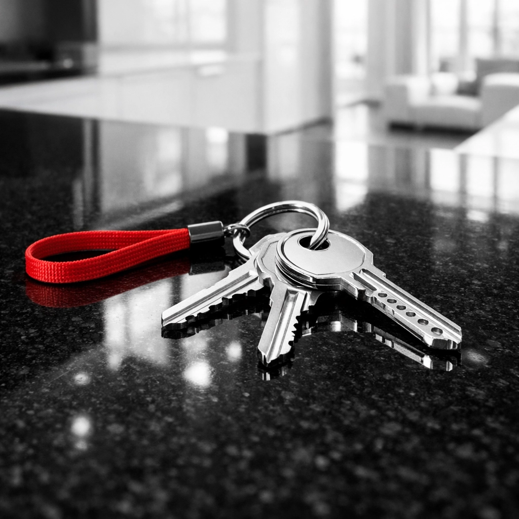 Silver keys on a polished granite countertop showing a move-in ready space after post construction cleaning.