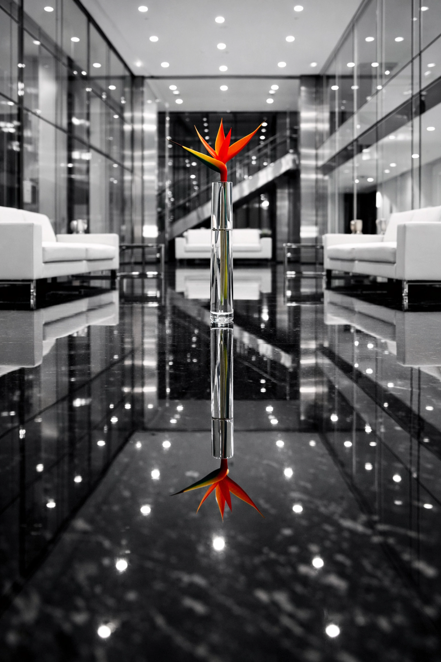 Professional office cleaning Port Charlotte results in a pristine corporate lobby with sparkling marble floors.