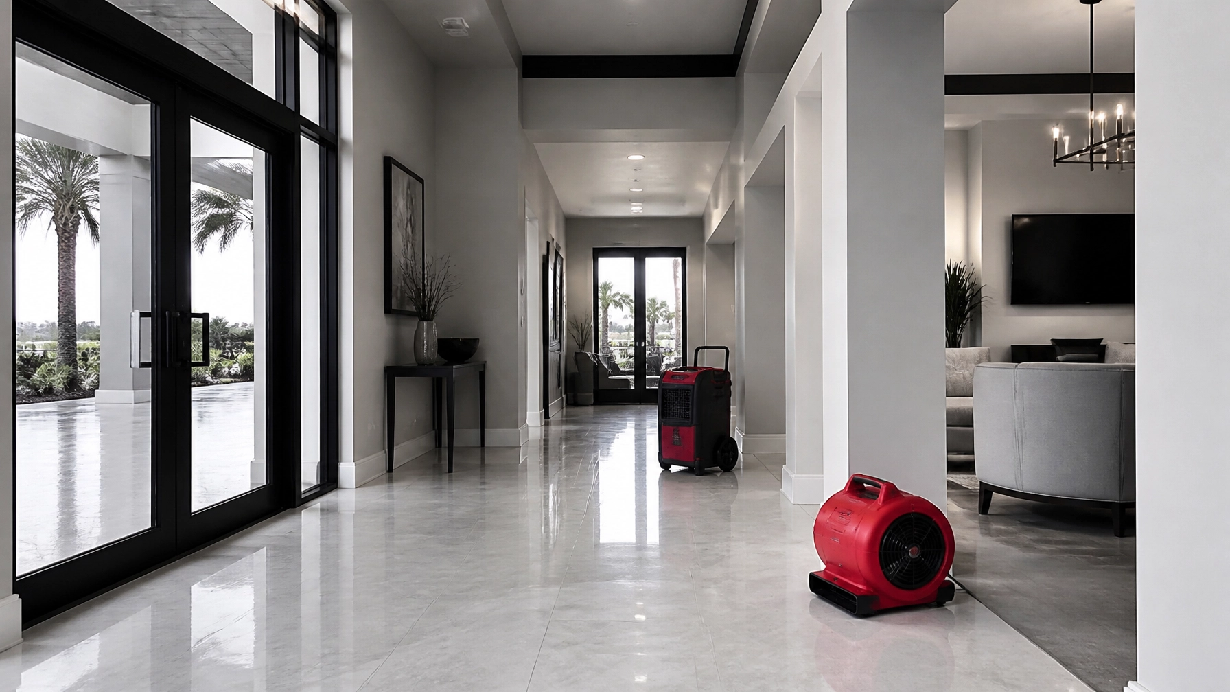 Clean HOA clubhouse hallway with drying equipment after hurricane-season cleanup