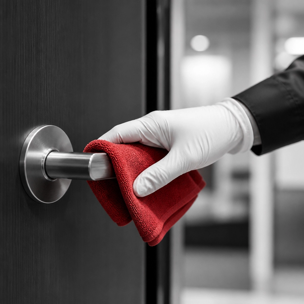 Detail-oriented commercial cleaning services showing a gloved hand sanitizing a handle