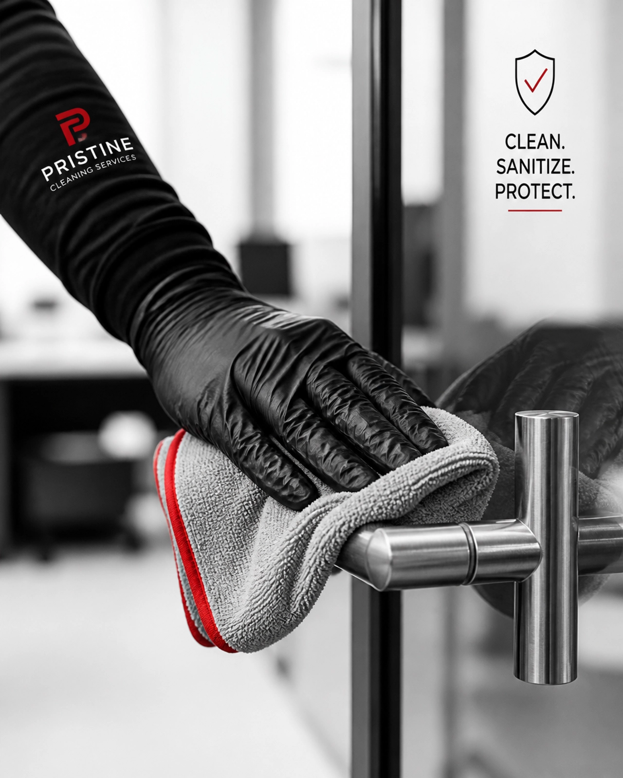 A professional cleaner wiping a high-touch office surface with a microfiber cloth, highlighting attention to detail.