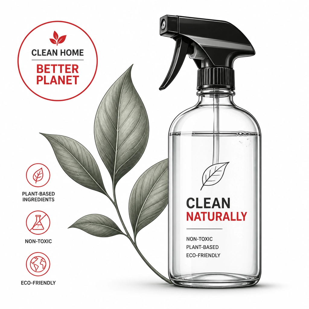 An illustration of eco-friendly, non-toxic cleaning products representing green cleaning standards.
