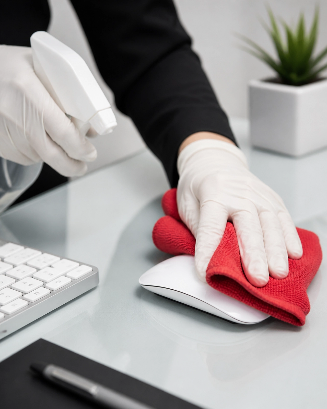 A close-up of a professional sanitizing a desk to maintain high-quality office cleaning services