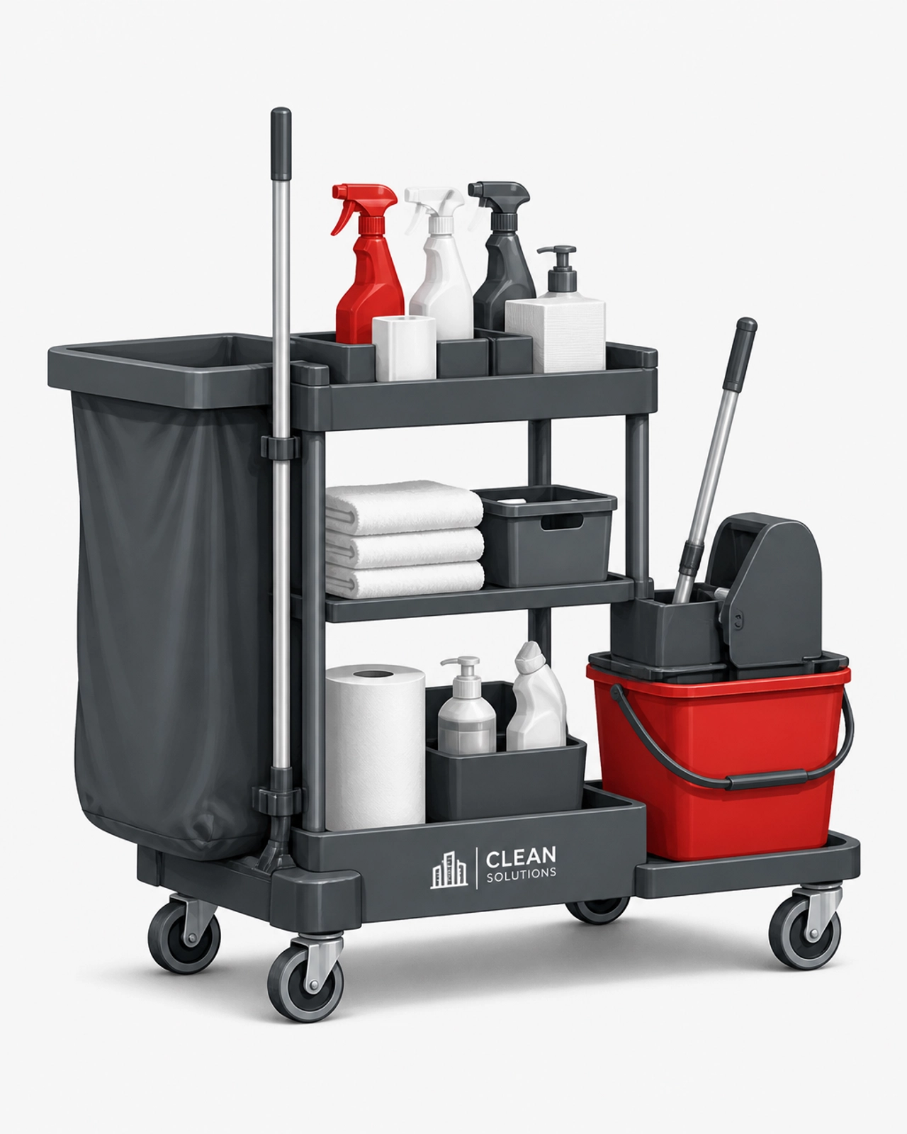 Professional cleaning supplies in a minimalist style highlighting commercial cleaning services equipment