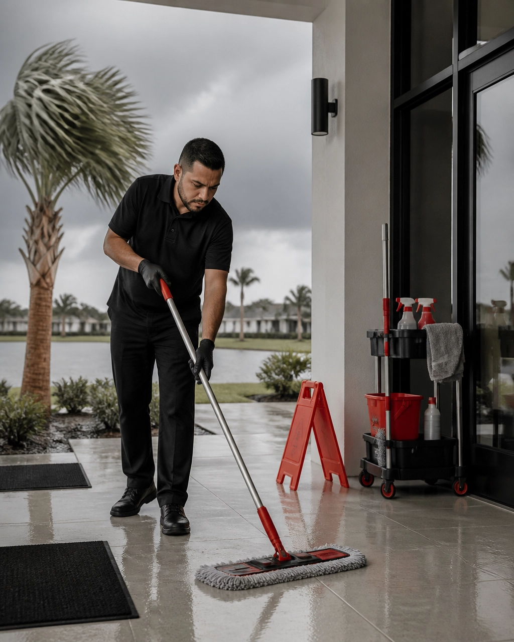 HOA clubhouse entrance prepared with professional cleaning supplies and protective floor mats