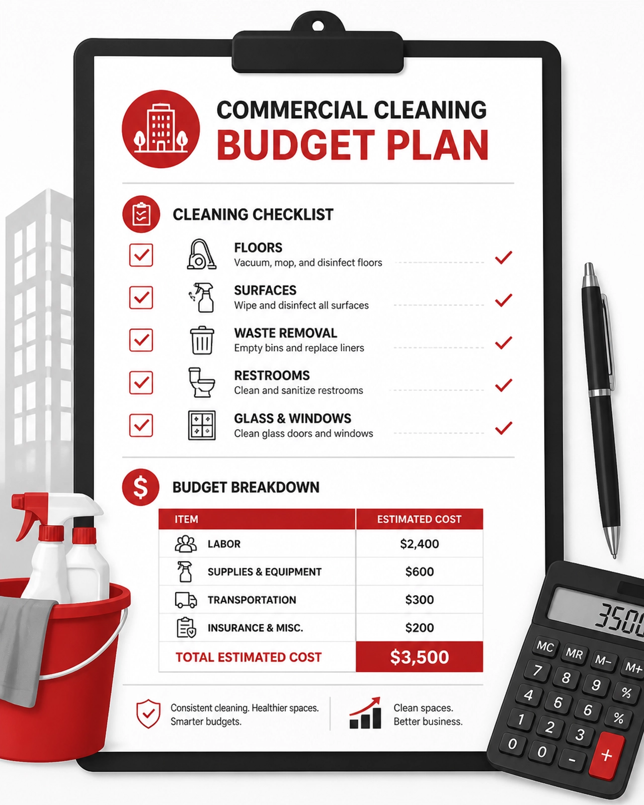 A minimalist illustration representing a checklist and budget plan for commercial cleaning.