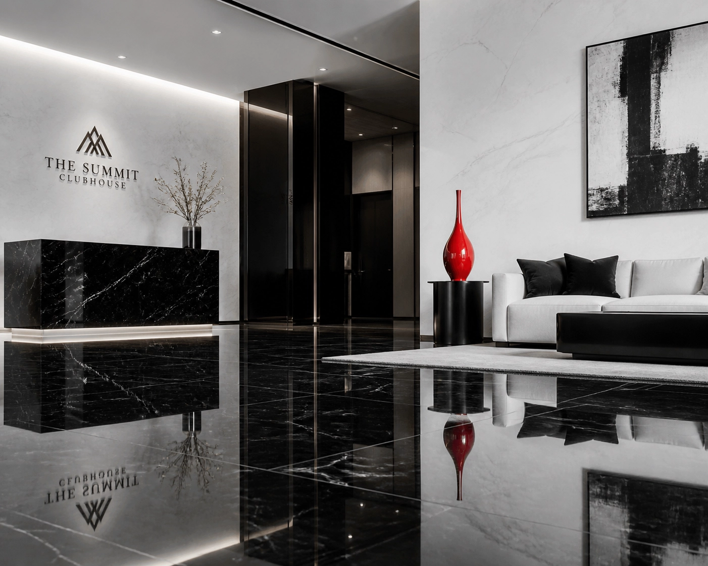 Pristine polished clubhouse lobby floors showing the impact of professional janitorial services in Sarasota.