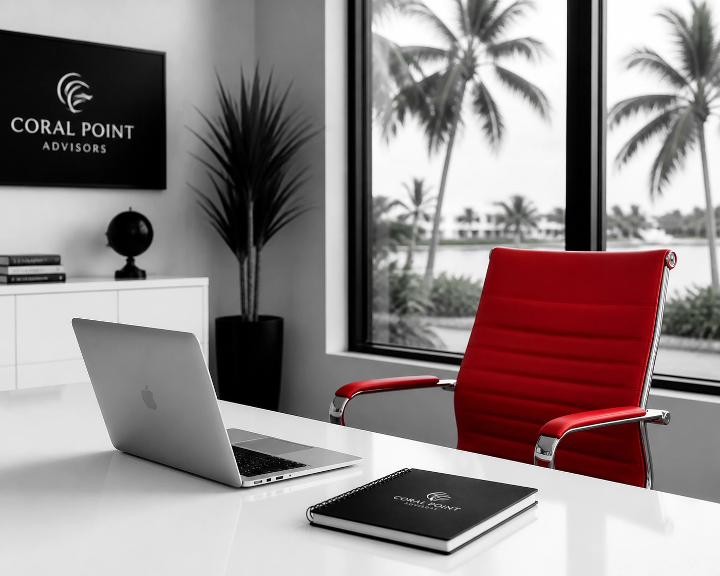 A high-clarity, minimalist photograph of a modern corporate workspace in Fort Myers. The scene features a sleek, clutter-free white desk with a single laptop and a professional notebook. In the background, a large window reveals a soft-focus tropical landscape. The image uses a dramatic monochrome palette with deep blacks and bright whites, accented by a single, vibrant red designer office chair that pops against the neutral background. The mood is calm, focused, and exceptionally clean.