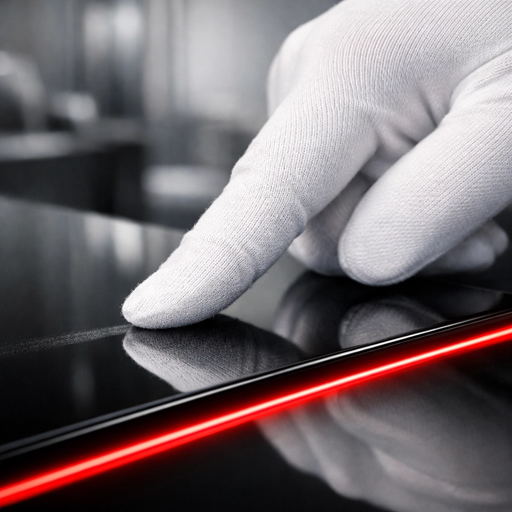 Close-up of a white glove test on a reflective surface, highlighting meticulous office cleaning standards.