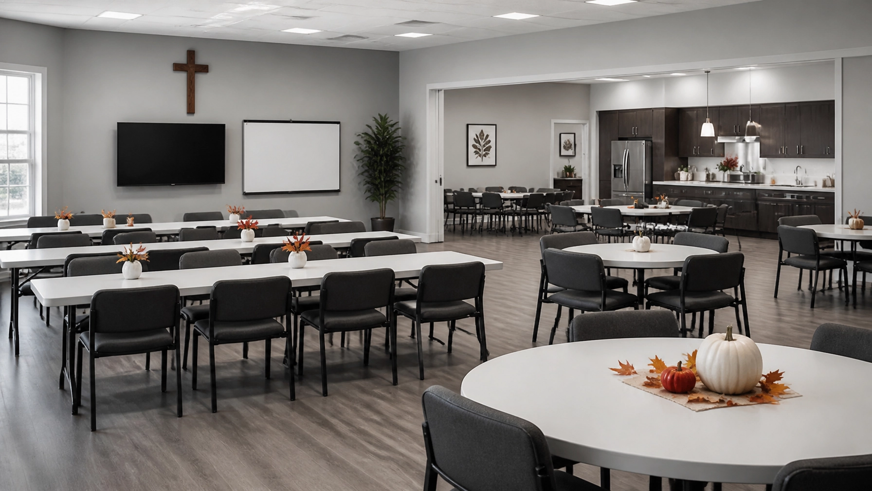 Clean church classroom and fellowship hall prepared for fall programs