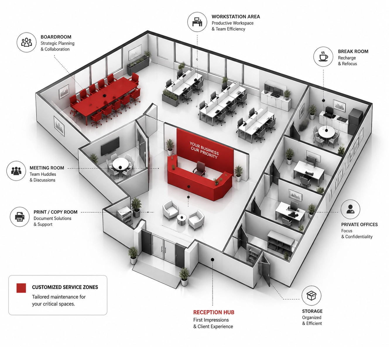 A professional 3D architectural illustration of a stylized office layout, viewed from an isometric perspective. The design is rendered in clean black lines on a stark white background with soft grey shadows for depth. Specific areas of the floor plan, such as the boardroom table and the reception hub, are highlighted in a bold, solid red to represent customized service zones. The overall aesthetic is precise, organized, and strategic, conveying the idea of a tailored maintenance plan.