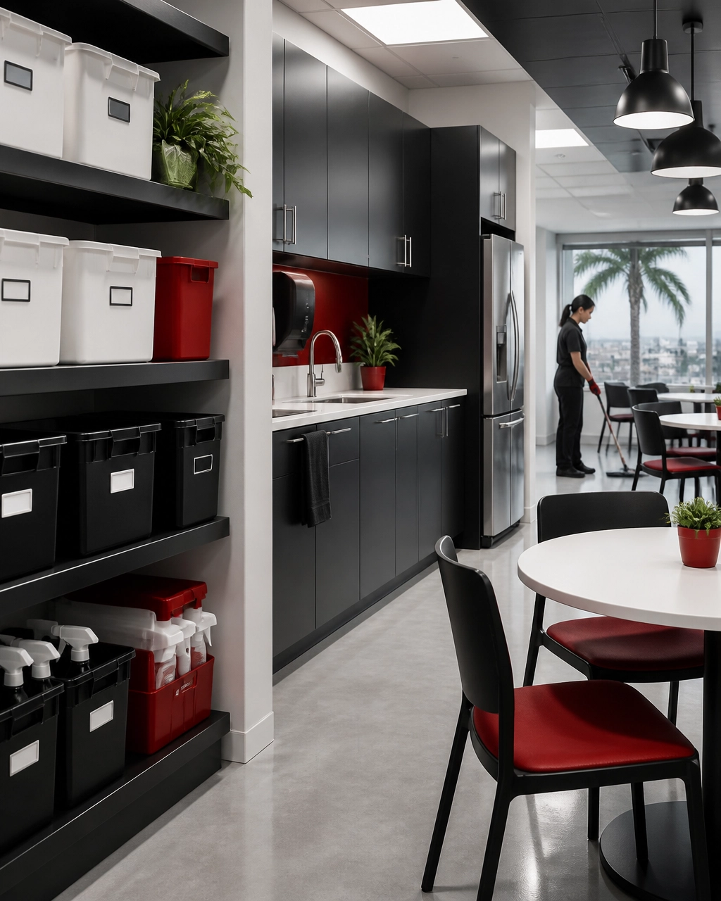 Organized and spotless office break room after a seasonal cleaning refresh