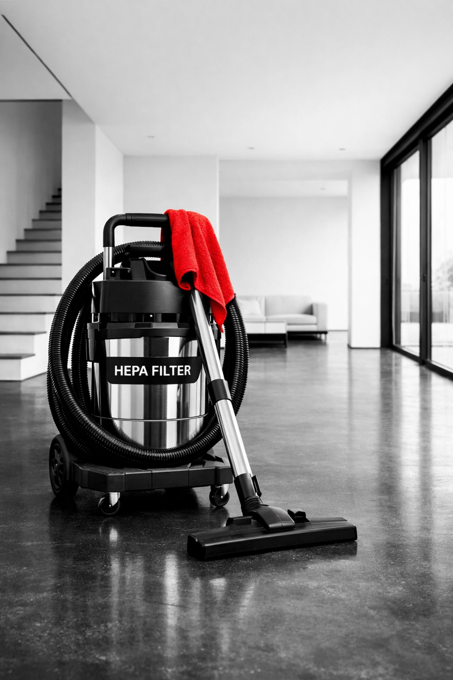 Professional HEPA vacuum on a polished concrete floor during a post construction cleaning phase.