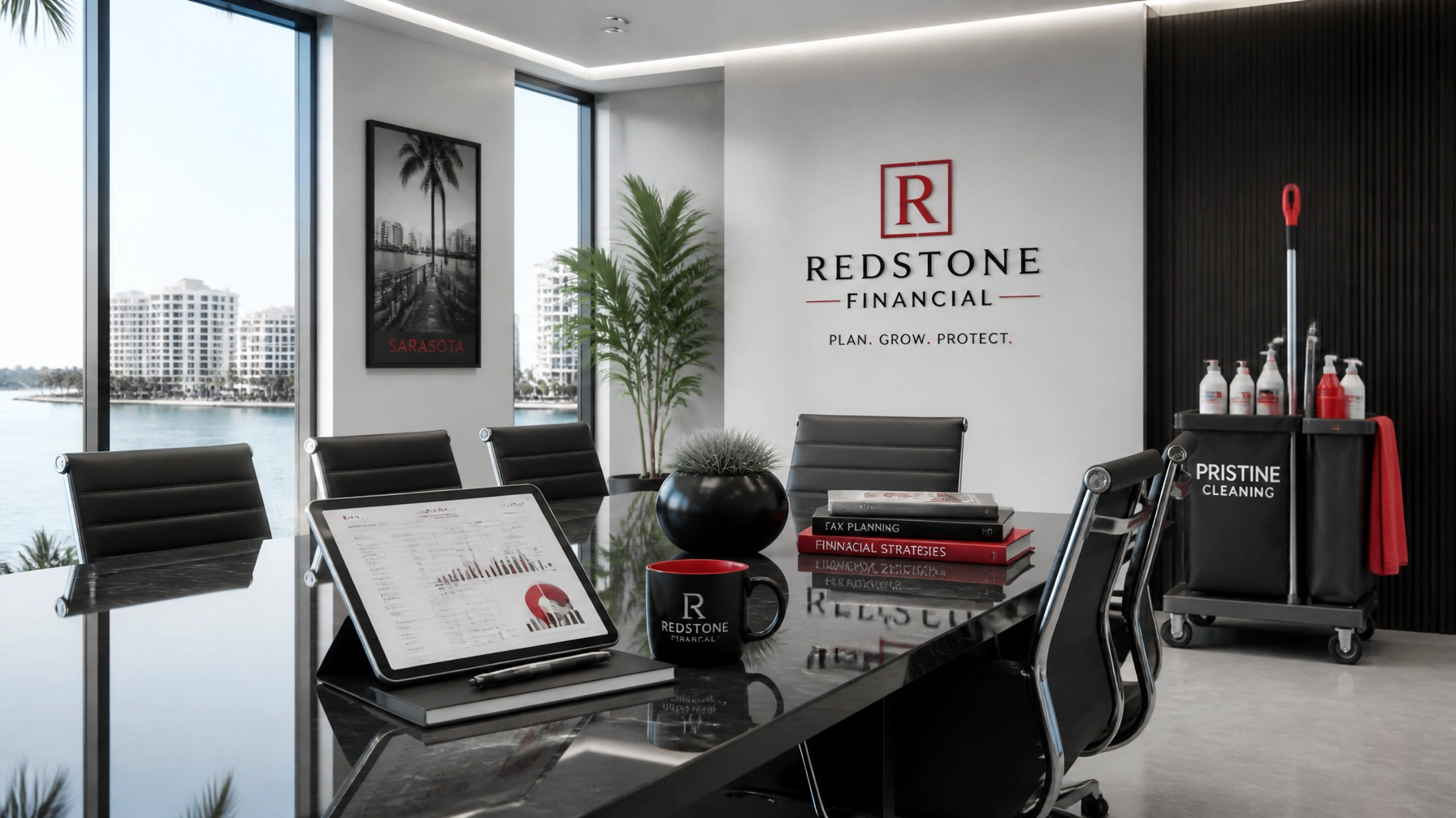 A minimalist hero image of a modern business boardroom in Sarasota, focusing on financial planning and cleanliness.