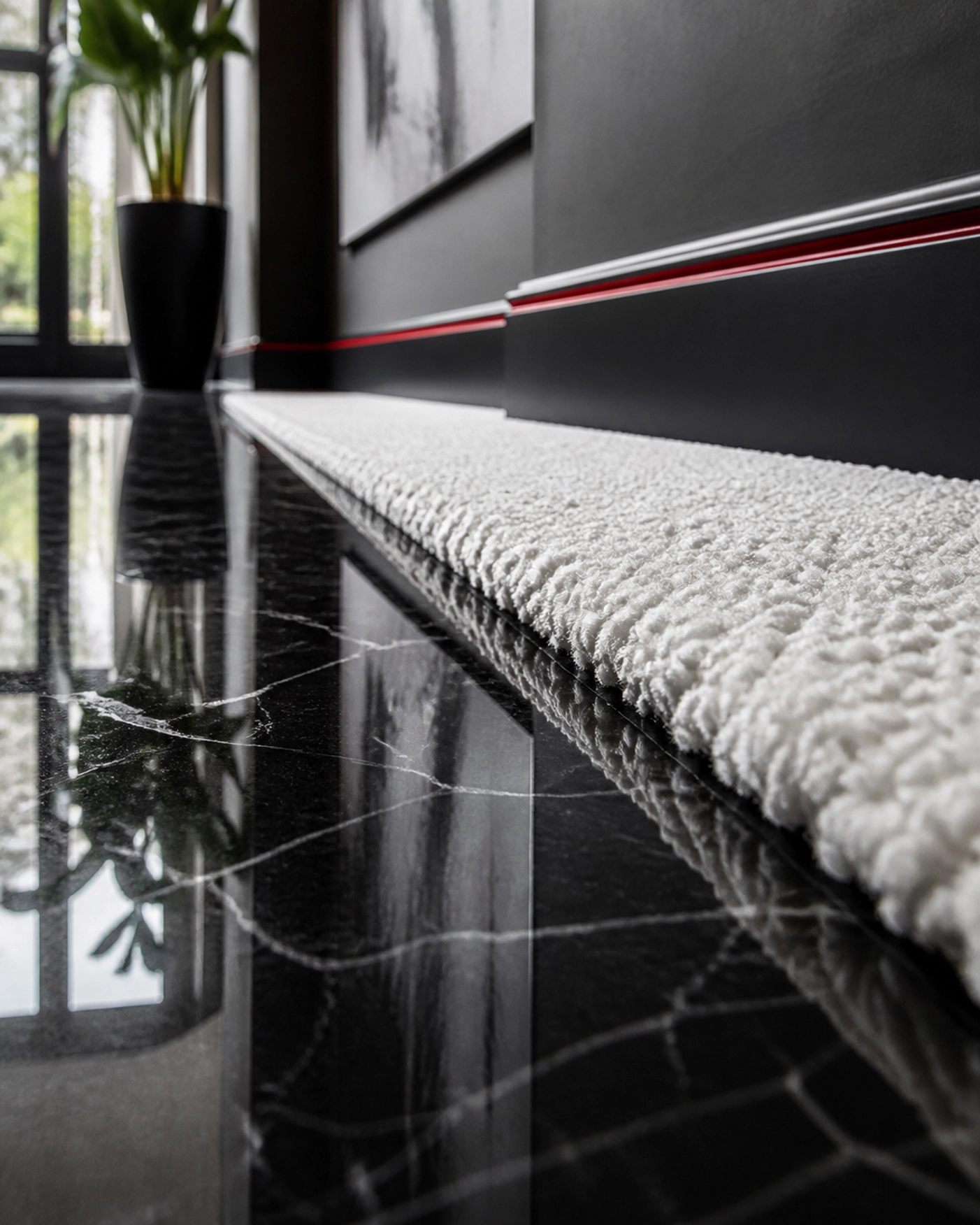 A dramatic, low-angle macro photograph showcasing the boundary between a polished black stone floor and a plush, white textured carpet. The reflection on the stone is sharp and mirror-like, emphasizing a deep clean. The lighting creates high-contrast shadows and bright highlights. A single, thin red architectural line runs along the baseboard in the background, adding a sharp, modern detail. The style is sophisticated and emphasizes material quality and maintenance.