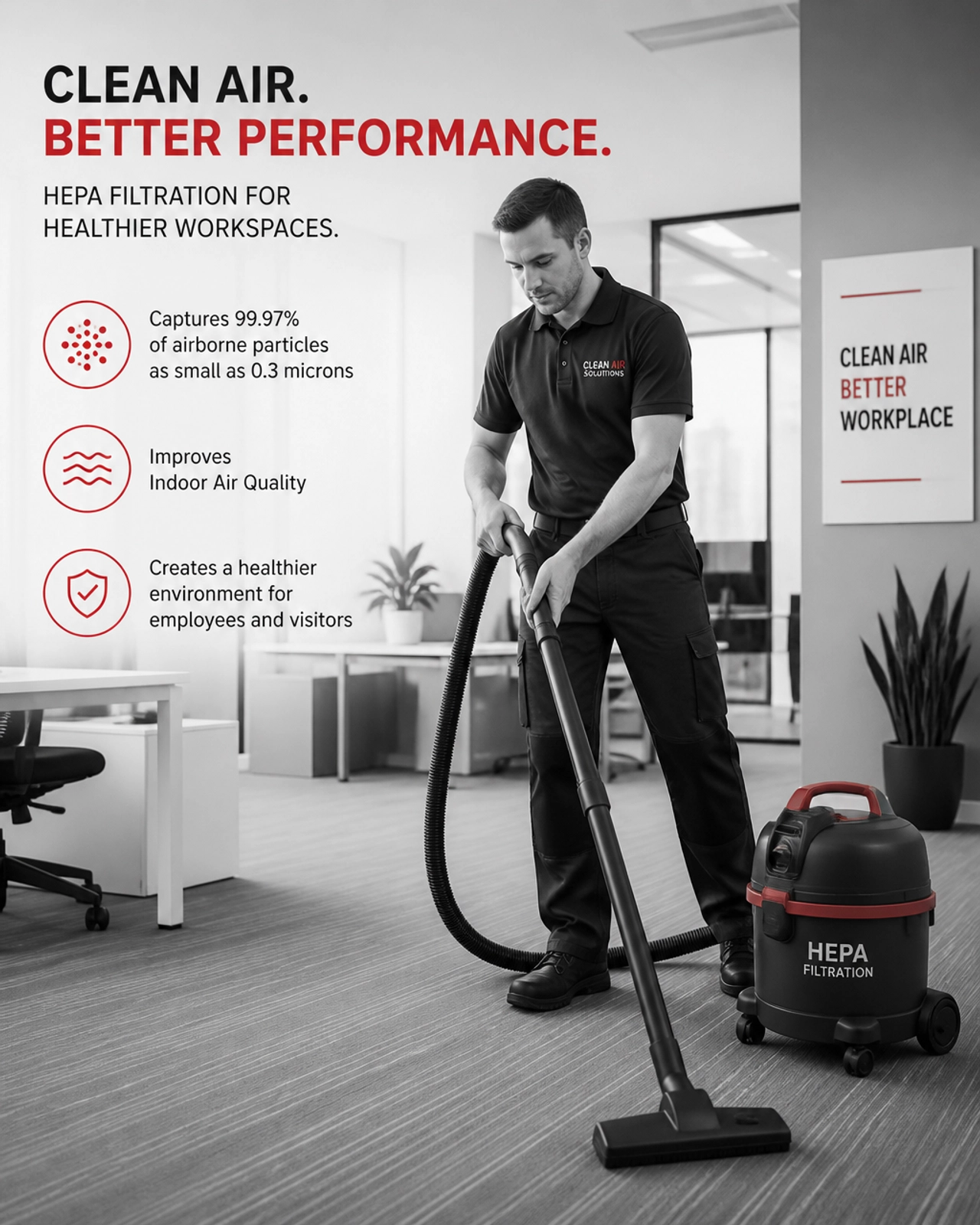 A professional HEPA-filtration vacuum cleaner being used in a modern office space, emphasizing indoor air quality.