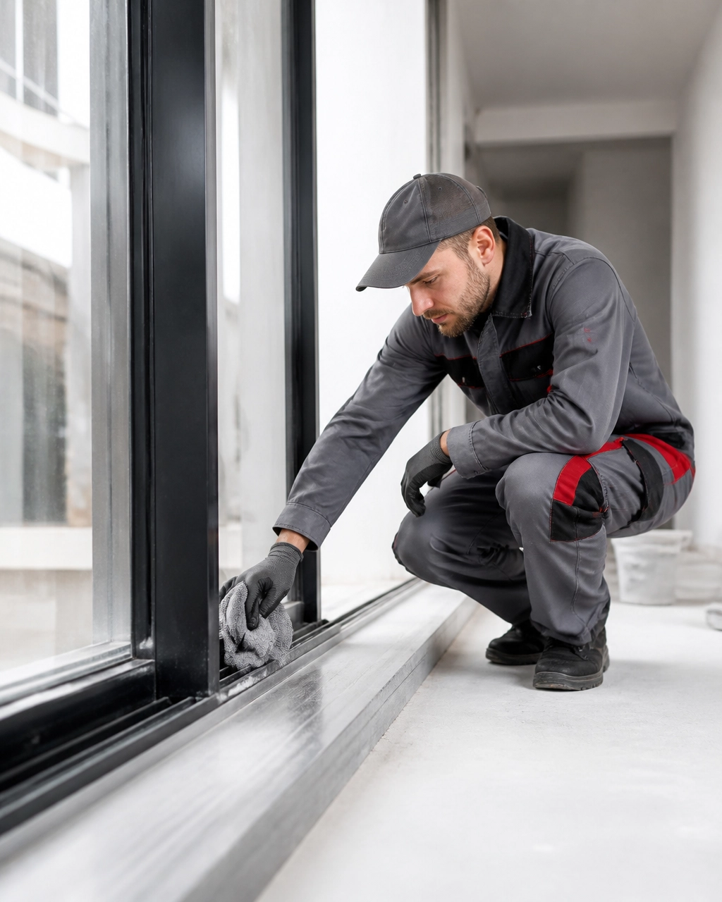 Cleaner detailing a newly finished glass window frame and track to remove construction dust