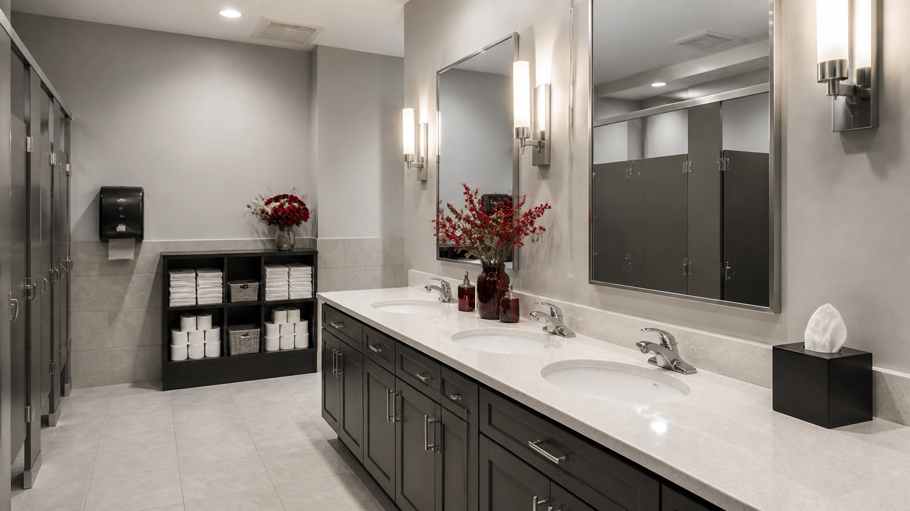 Spotless church restroom with clean fixtures and polished floor