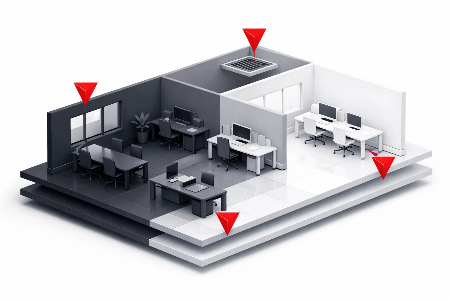 Detailed illustration showing construction cleaning services applied to various zones in an office floor plan.
