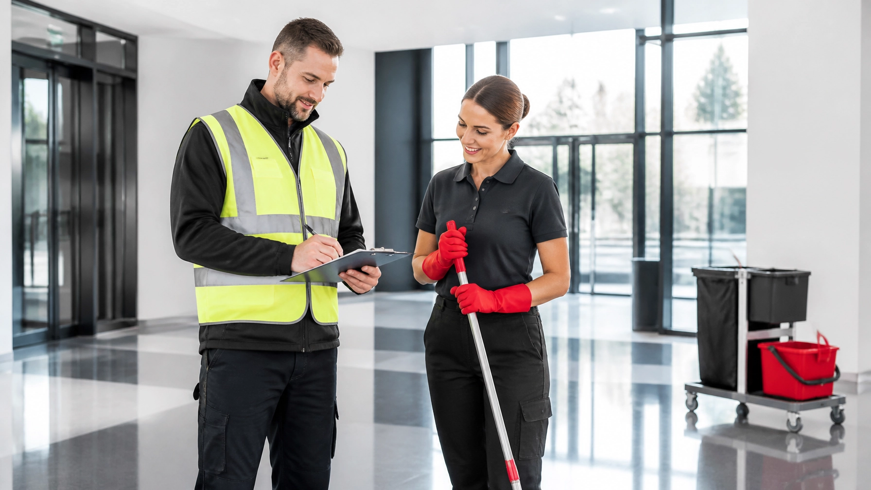 Builder and cleaning professional conducting a final walkthrough in a spotless newly constructed property